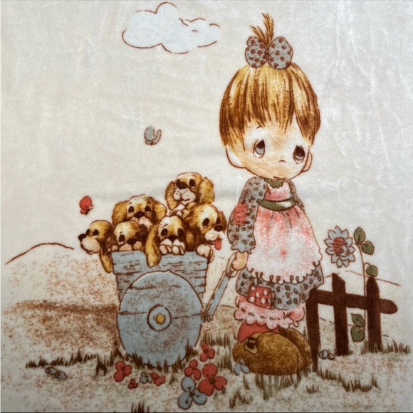 Precious Moments Plush Blanket Girl Puppies Dogs Wagon God Loveth Cheerful Giver - Picture 7 of 7